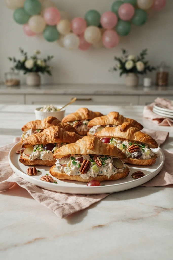 Herbed chicken salad croissants sliced open showing grapes and pecans