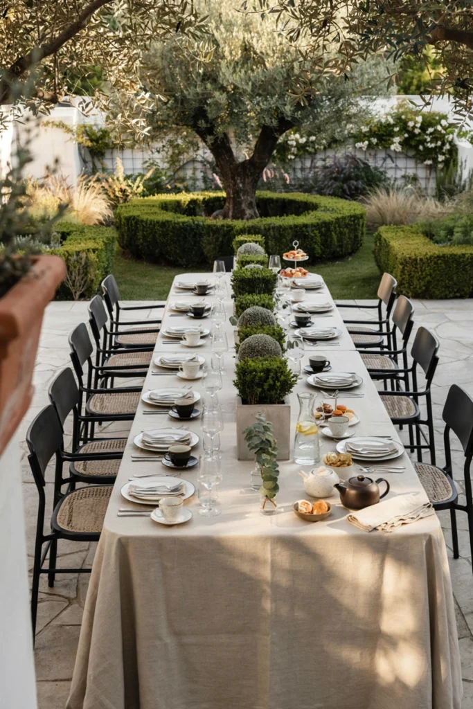 Minimalist concrete planter centerpiece with structured greenery on a natural linen tablecloth with black-rimmed dinnerware
