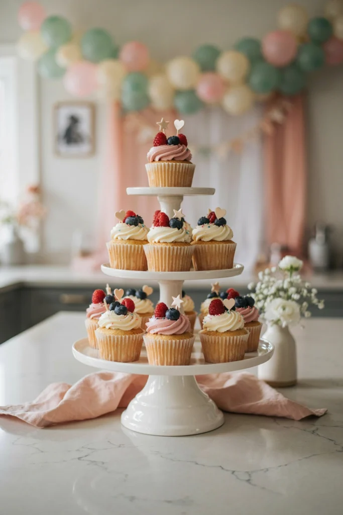 Plain grocery store cupcakes redecorated with fresh flowers and sprinkles