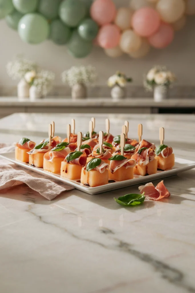 Cantaloupe cubes wrapped in prosciutto arranged on a wooden board