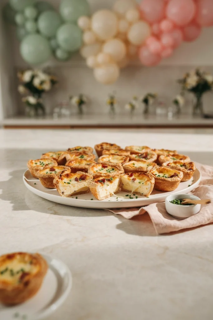 Golden mini quiche Lorraine bites with bacon and gruyere cooling on a wire rack