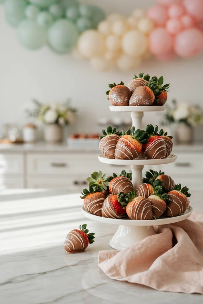 A tiered stand of glossy chocolate-dipped strawberries with edible glitter