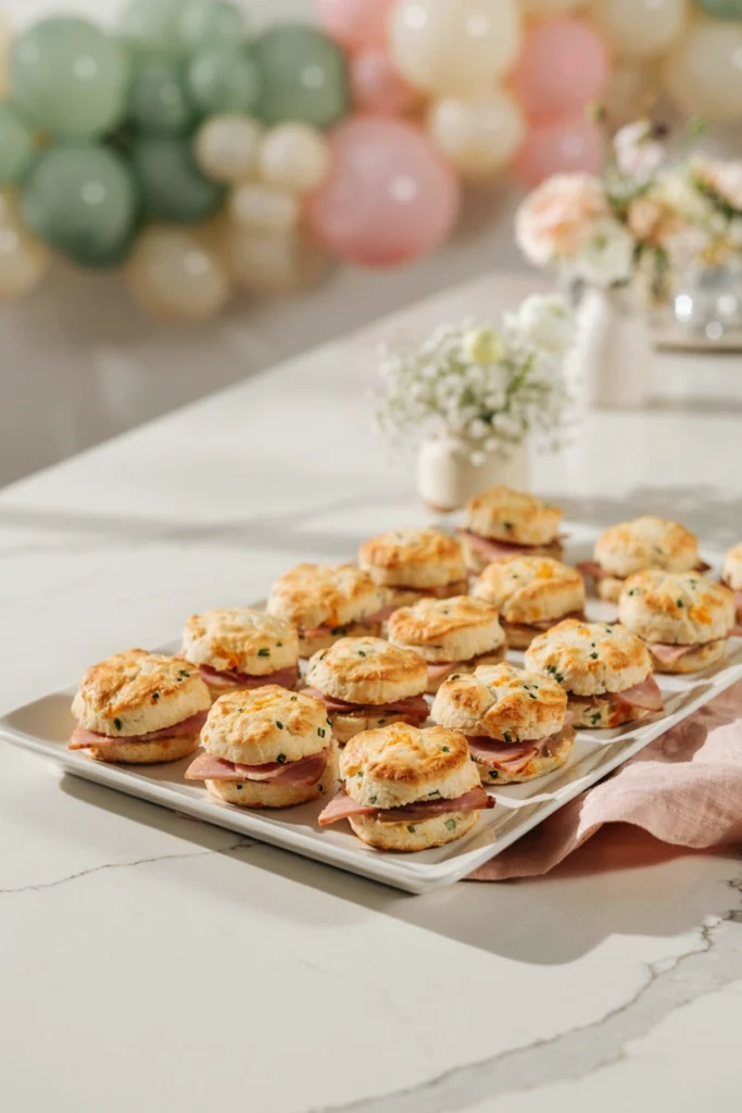 Split cheddar chive biscuits filled with ham on a rustic tray