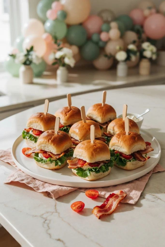 Stacked mini BLT sliders on brioche buns with crisp lettuce and bacon
