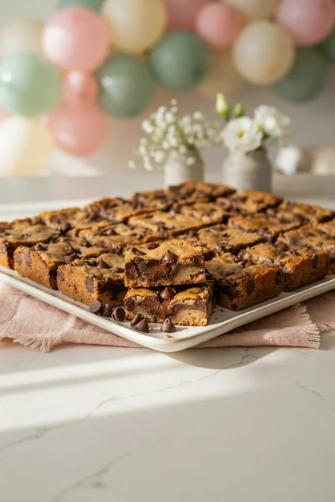 A stack of thick, golden chocolate chip cookie bars cut into squares