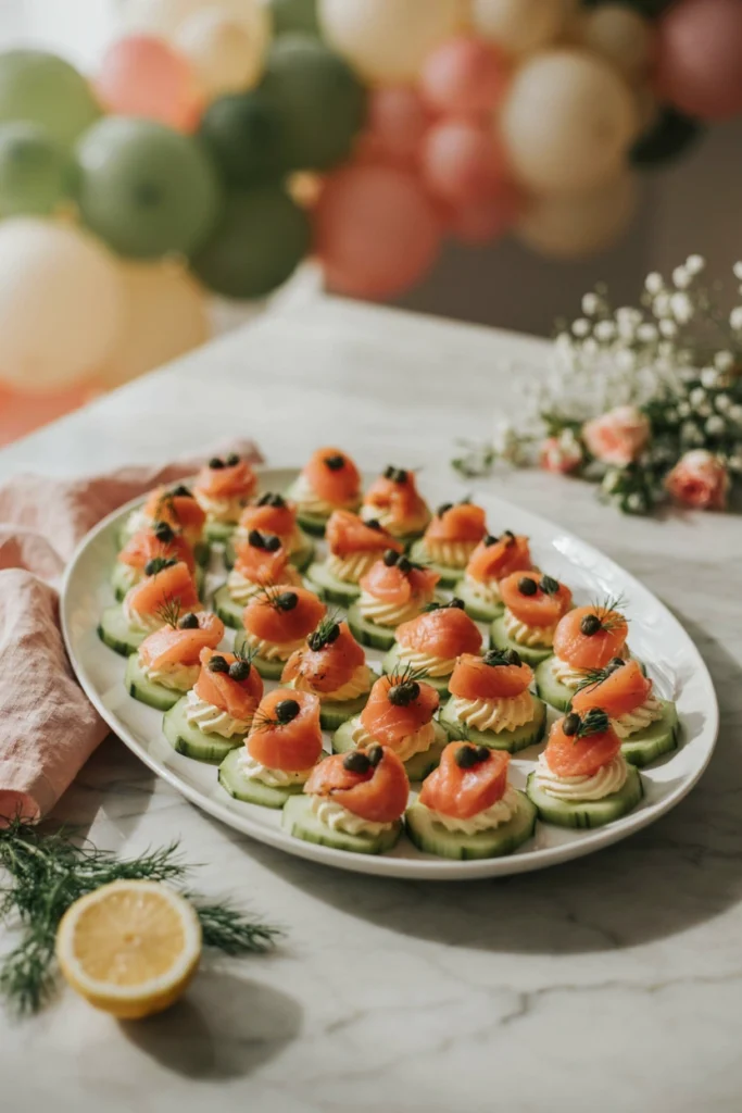 Cucumber rounds topped with smoked salmon rosettes and dill on a slate board