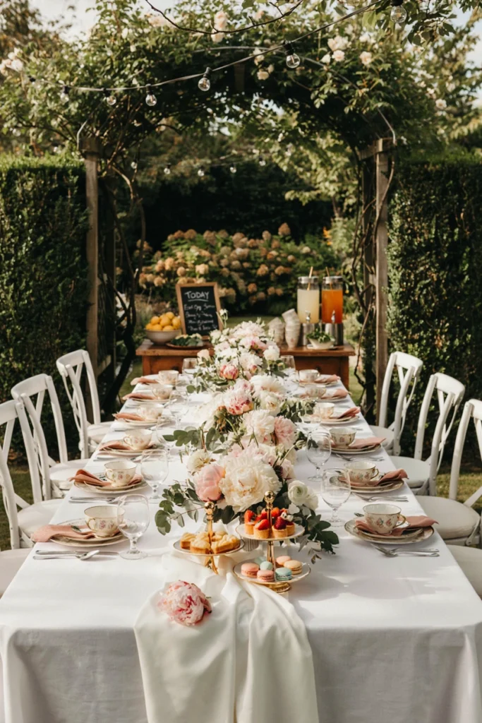 Gold-rimmed teacups and saucers surrounded by full blush peonies on a white linen tablecloth