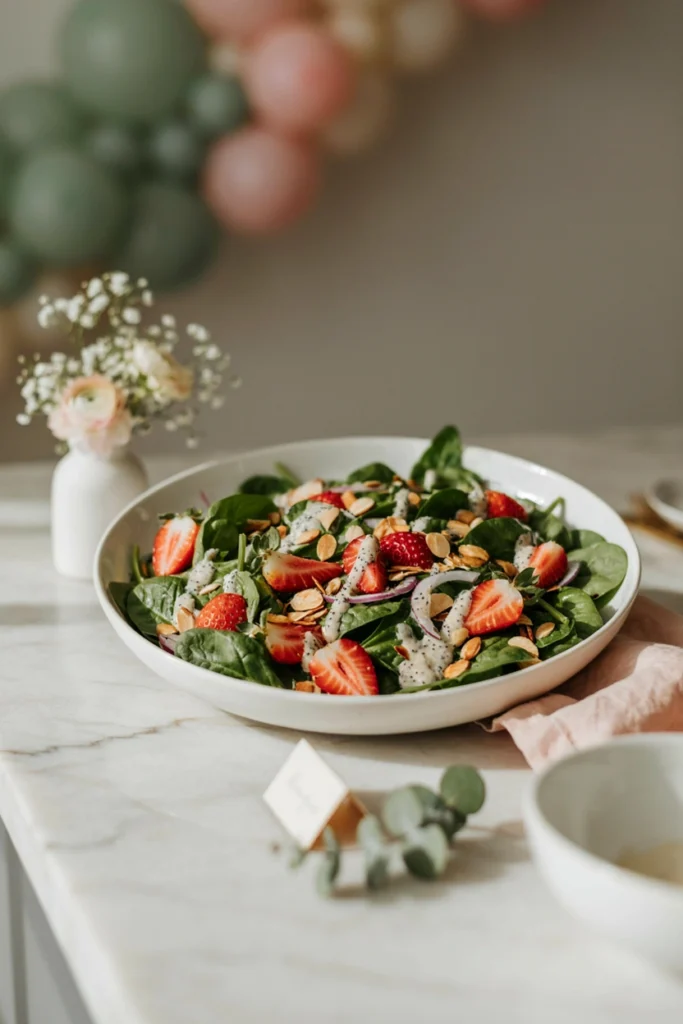 A large bowl of spinach, sliced strawberries, and almonds with poppyseed dressing