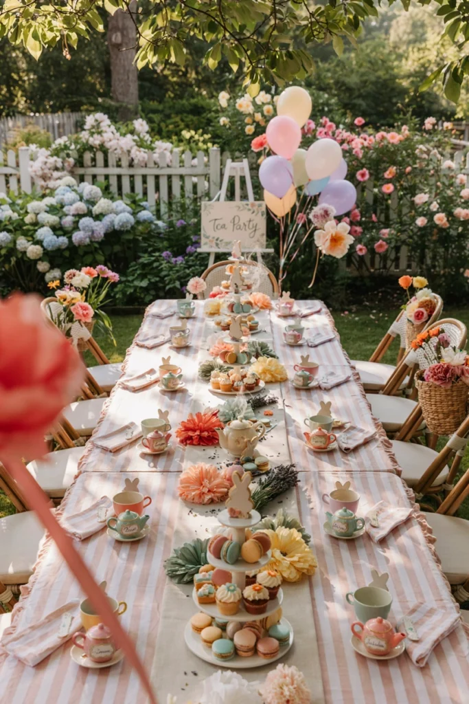 Rabbit-shaped place cards alongside a whimsical candy-striped tablecloth