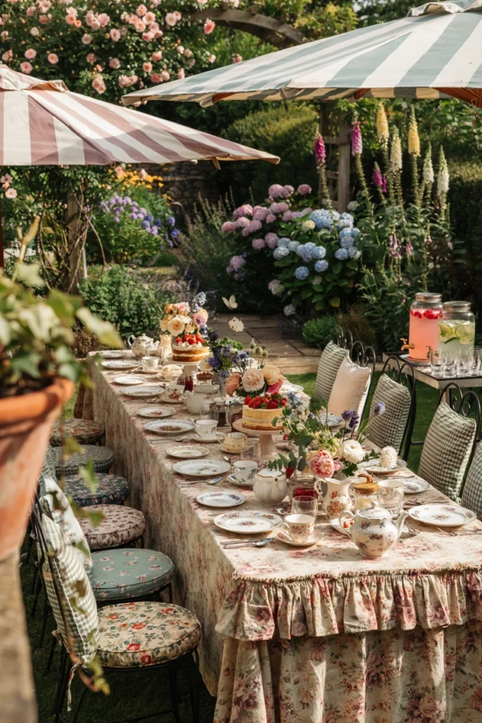 Weathered vintage patio umbrella in faded stripes shading a floral-linen tea party table below