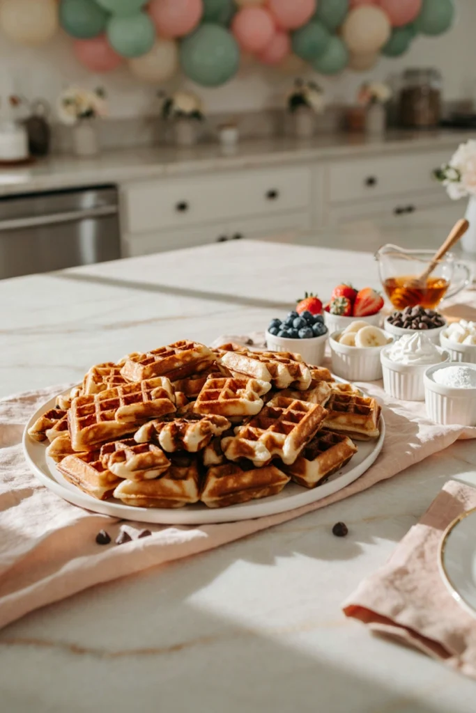 A frozen-waffle bar with toppings bowls of berries, syrup, and whipped cream