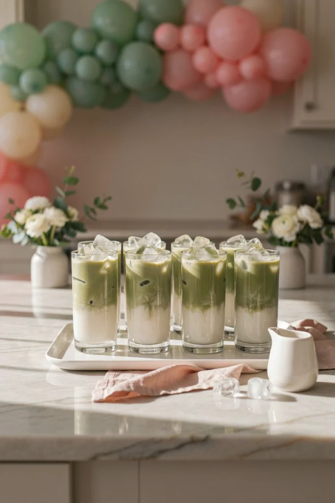 Layered iced matcha lattes with milk swirling in, set on a tray