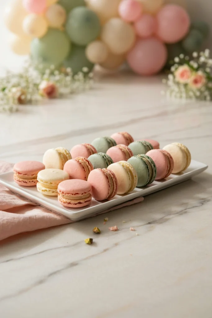 Rows of pastel-colored macarons with smooth, domed shells
