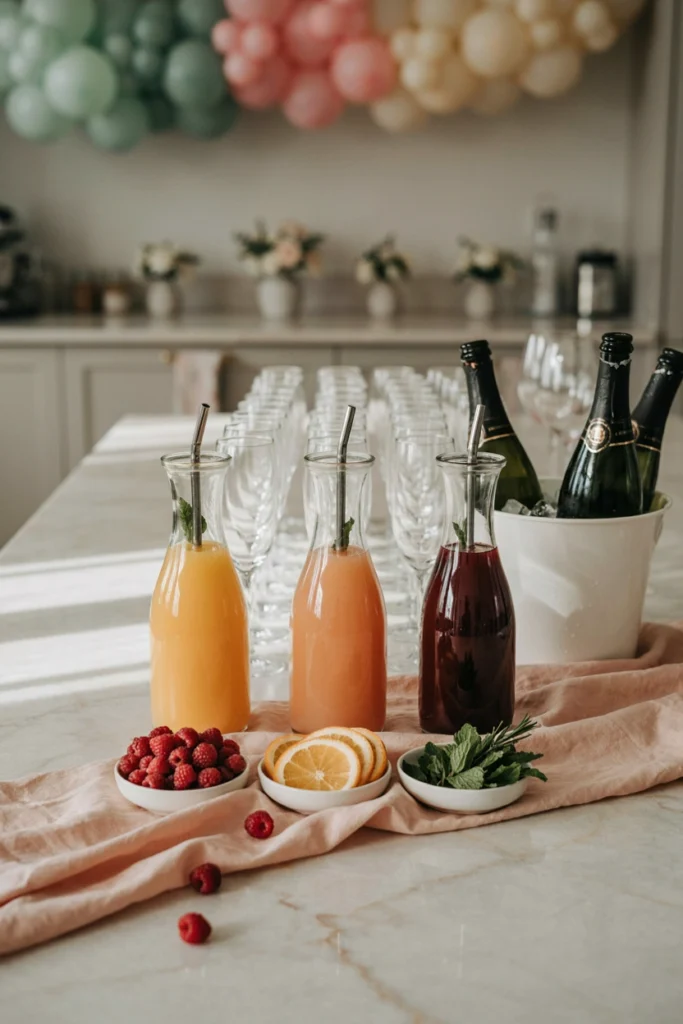 A mimosa bar with sparkling wine, juice pitchers, and fruit garnishes