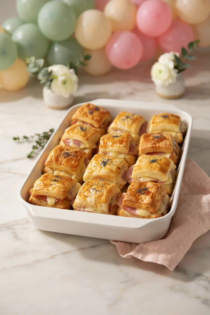 Glazed ham and swiss croissant sliders golden on top in a baking dish