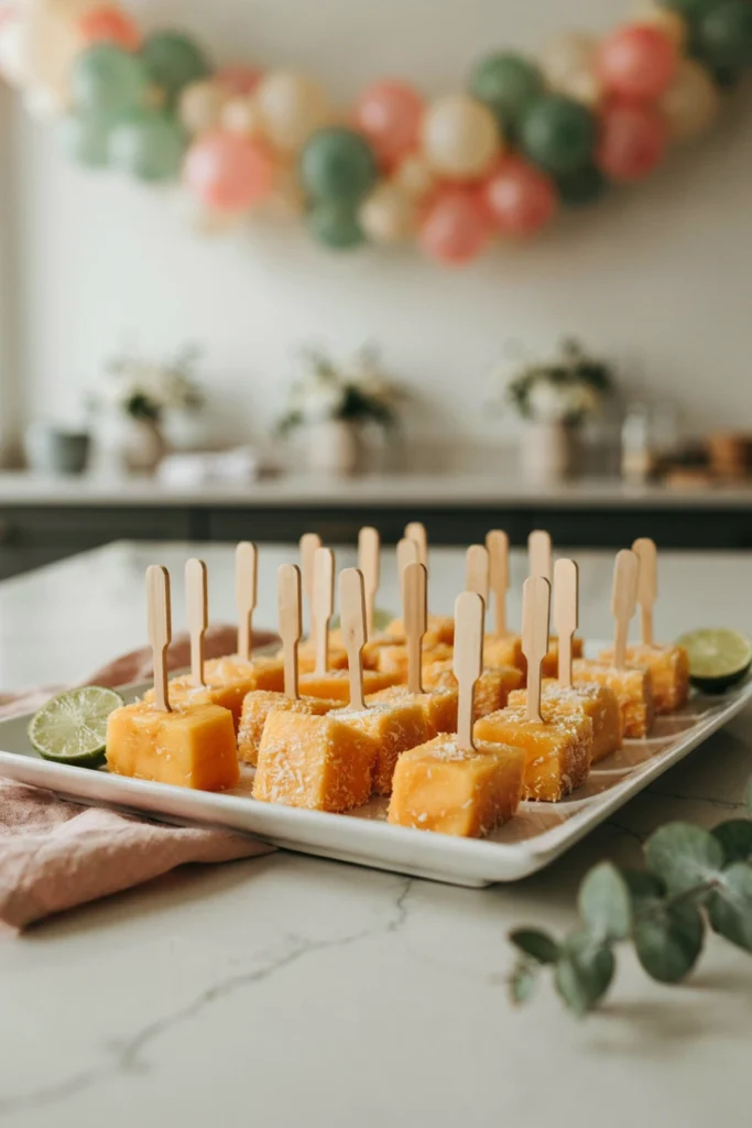 Mango cubes rolled in toasted coconut on skewers