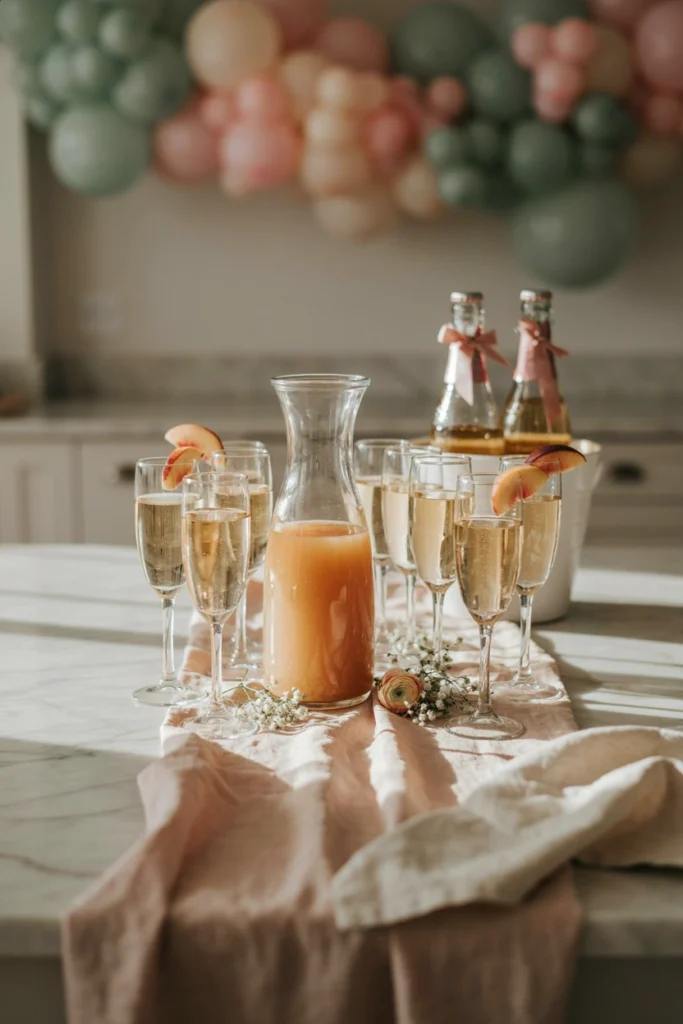 Glasses of pale orange peach bellinis with a bottle of prosecco