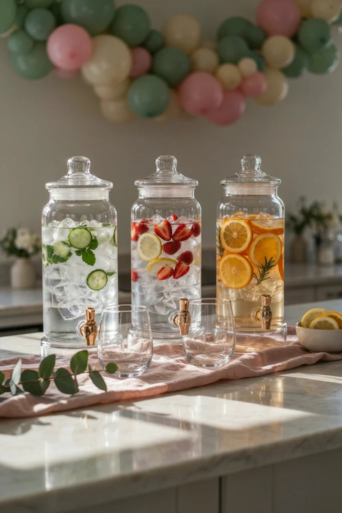 Three infused water dispensers, each a different color and flavor