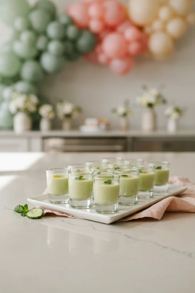 Pale green gazpacho shooters in small glasses topped with mint