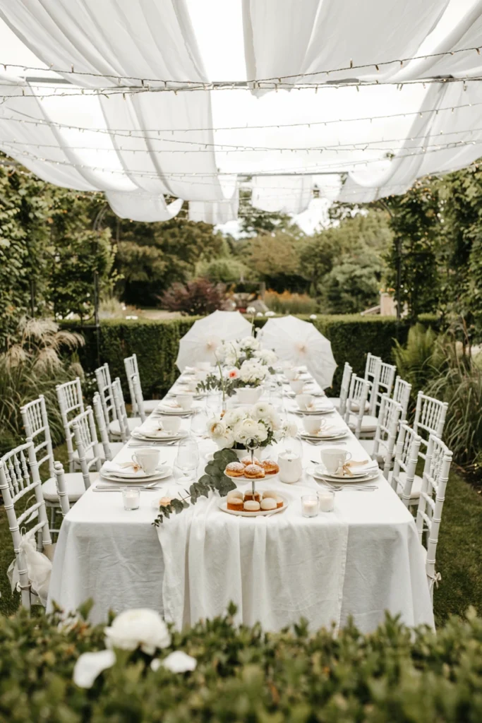 All-white tea party table with white ranunculus, white ceramic dinnerware, and a plain white linen cloth