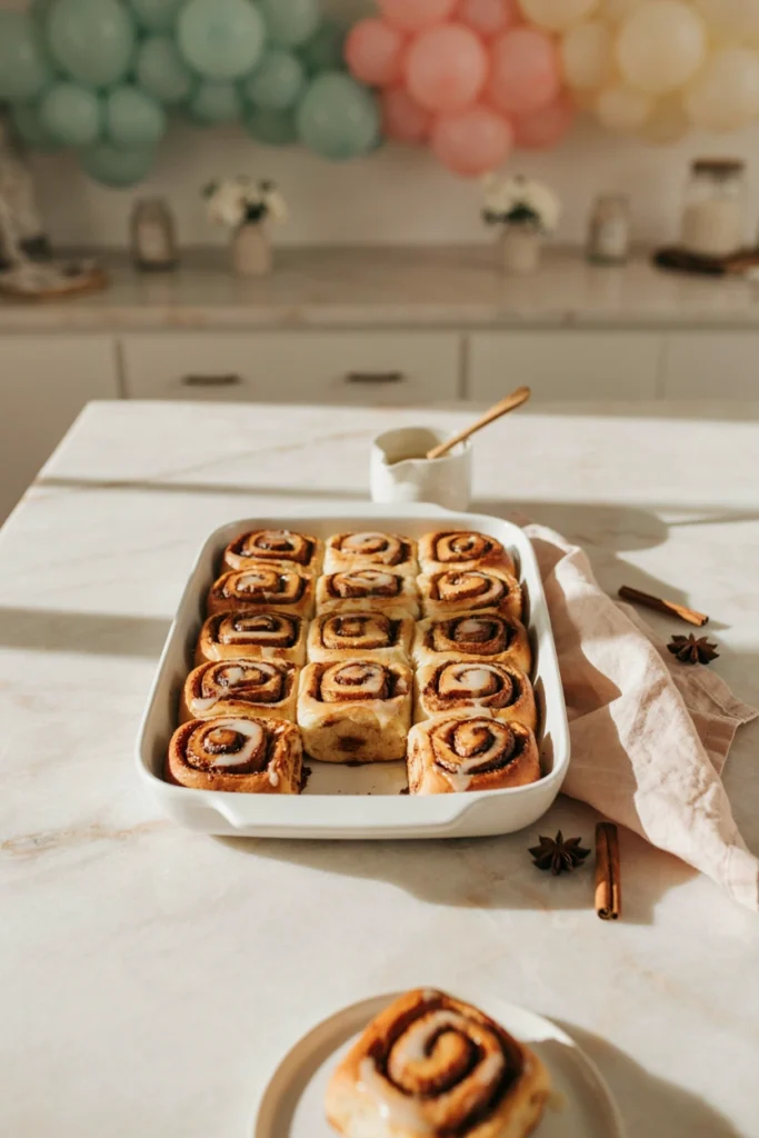 A pan of glazed mini cinnamon roll bites, glaze still glossy