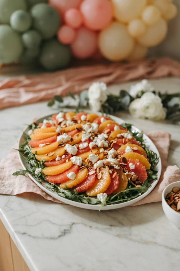 Citrus and arugula salad with almonds on a large platter