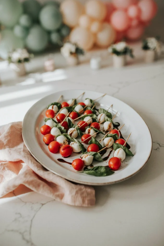 Caprese skewers fanned on a white platter with a glossy balsamic drizzle