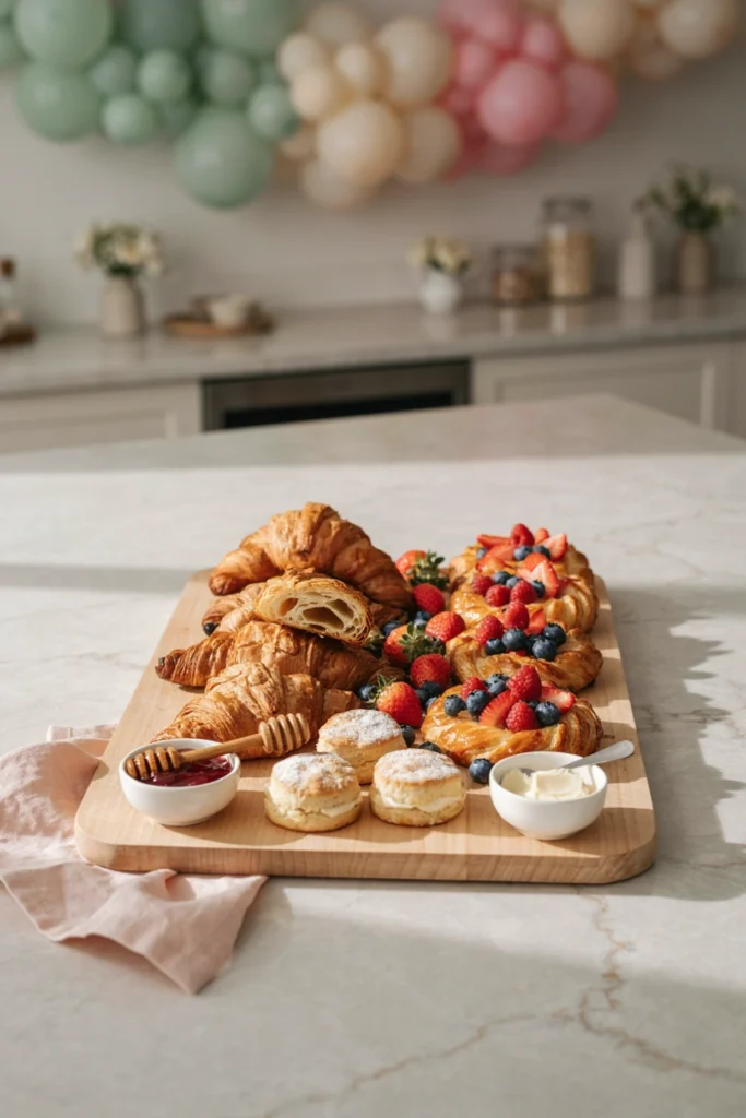 An assorted bakery pastry tray with croissants, danishes, and scones