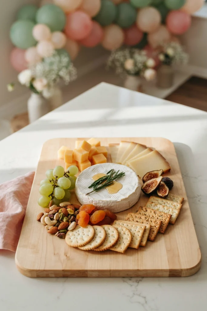 A wooden grazing board with cheeses, crackers, nuts, and dried fruit