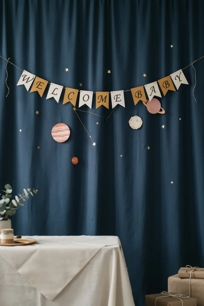 A navy backdrop with a hanging "Welcome Baby" banner surrounded by planet and star cutouts, positioned behind a gift table or used as a photo backdrop.