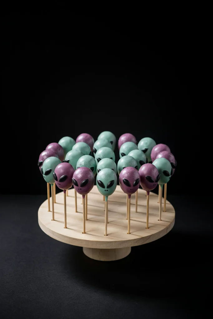 A small wooden cake pop stand displaying green and purple cake pops shaped like simple alien faces, arranged in neat rows against a black backdrop