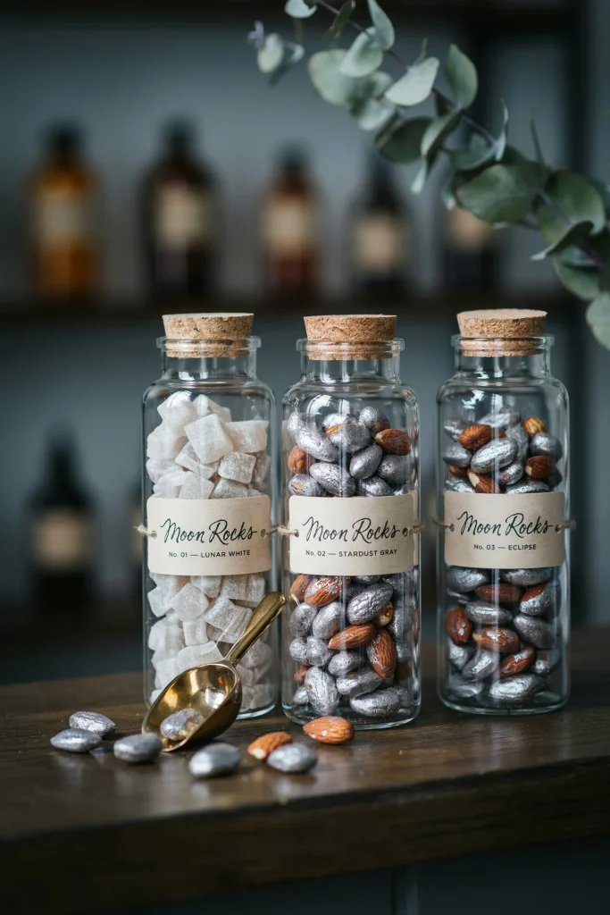 Clear apothecary jars filled with white and gray rock candy or chocolate-covered almonds dusted in edible silver shimmer, labeled "Moon Rocks" in simple script.