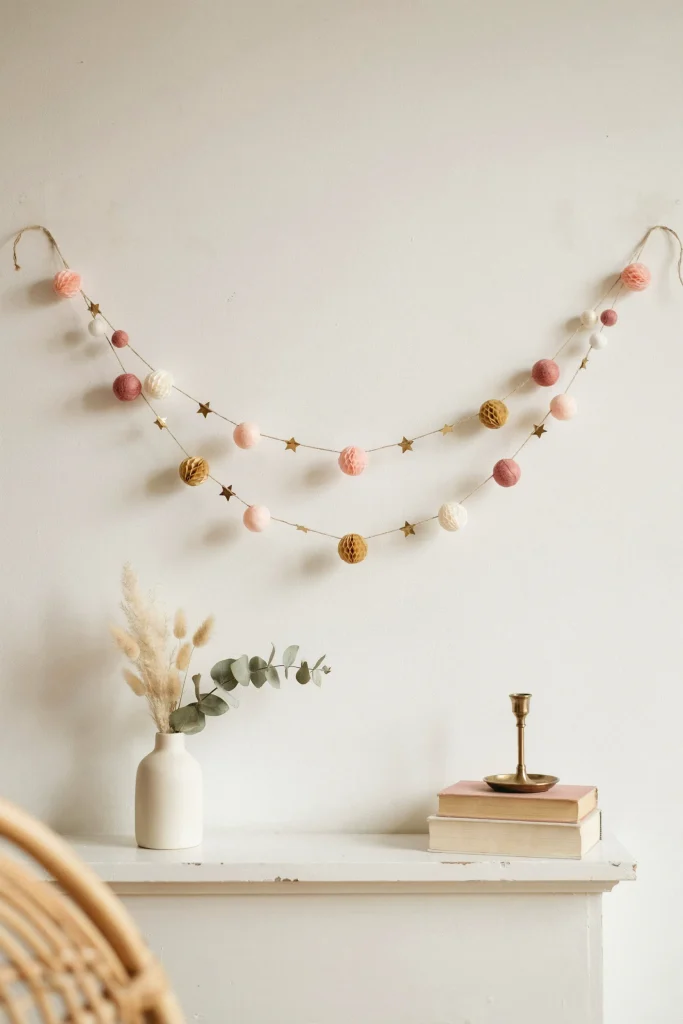 A garland of small honeycomb planets and stars strung along a mantel or wall, soft pink and gold tones, casual and easy to install.
