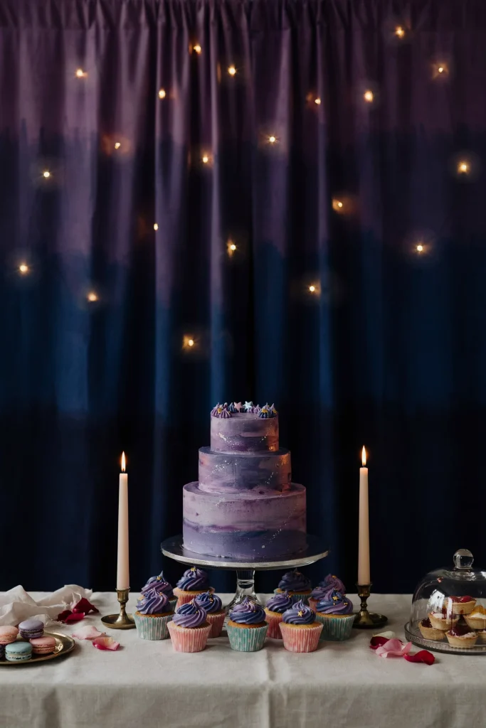 A dessert table backed by a deep purple-and-navy ombré fabric backdrop dotted with twinkle lights, styled to look like a real night sky behind cupcakes and a galaxy-swirl cake.