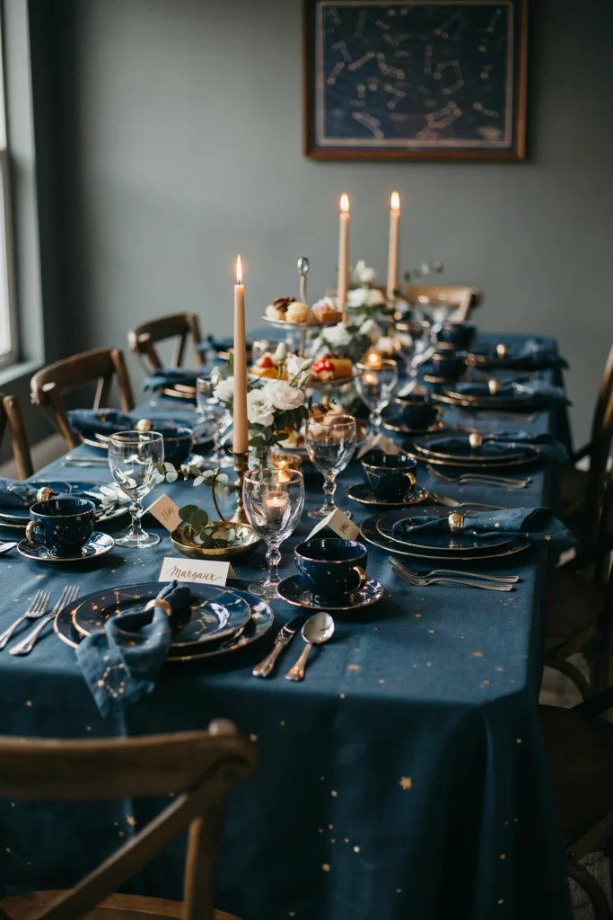 A full table set with celestial-print plates, napkins, and cups in deep blue and gold star patterns, set for a buffet-style serving line.