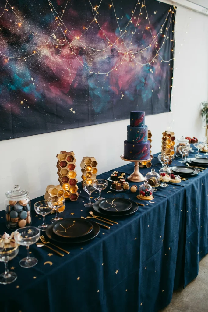 A wide shot of a fully styled dessert table combining the honeycomb centerpieces, constellation tableware, table confetti, and a galaxy backdrop, everything visible together as the final cohesive look.
