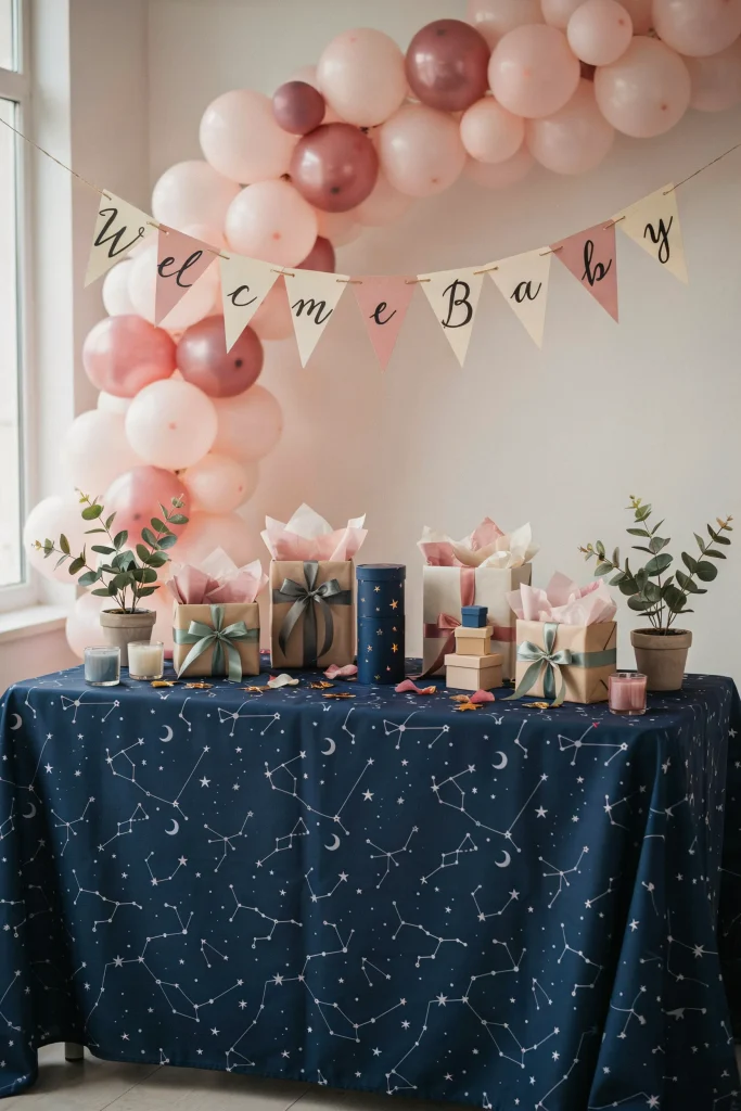 A gift table backed by the constellation tableware print used as a tablecloth alternative, with the Welcome Baby banner above and wrapped presents arranged neatly below.