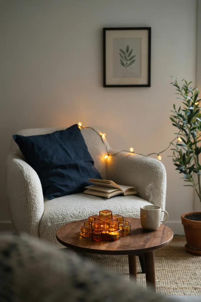 A cozy living room corner styled with navy throw pillows, fairy lights, and a small cluster of the honeycomb centerpiece pieces on a side table, low-key and intimate.