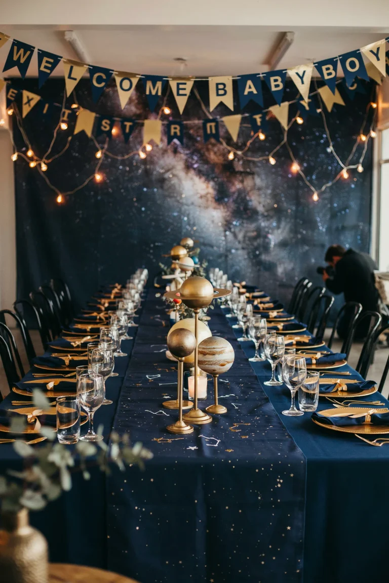 A navy-and-gold space baby shower table setting with a galaxy backdrop, planet centerpieces, and a "Welcome Baby Boy" banner overhead — warm string lights glowing against a dark backdrop, soft and celebratory mood, no text overlay needed.