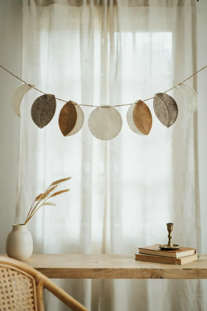 A felt garland depicting the phases of the moon in soft cream and taupe tones, strung simply across a mantel or window.