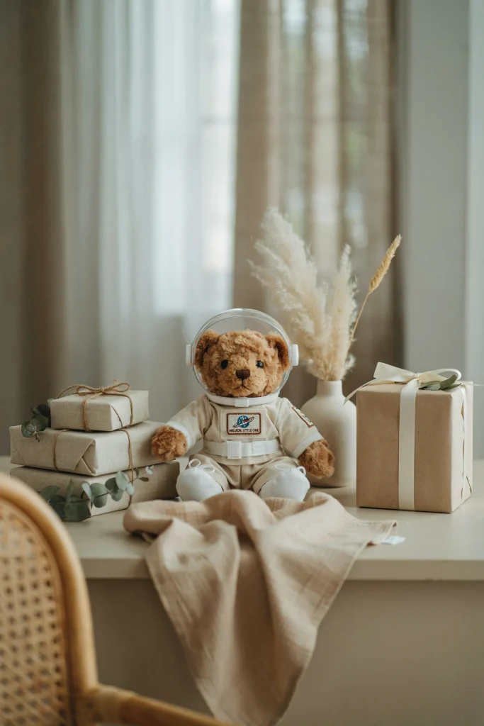 A plush teddy bear dressed in a small cream astronaut suit, seated among neutral-toned gifts on a display table.