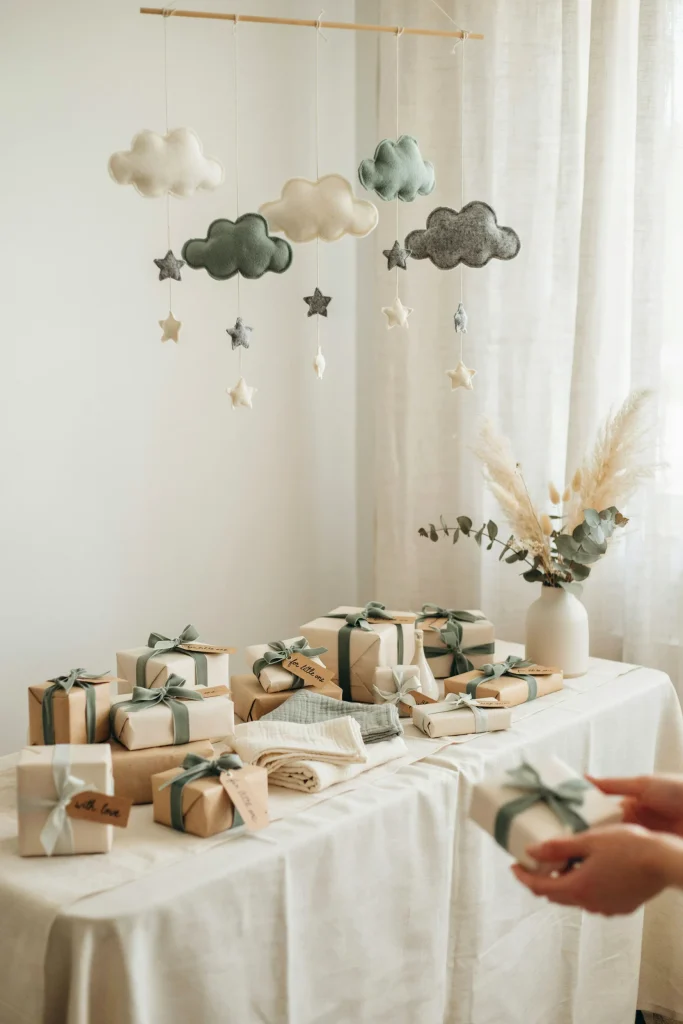 A hanging mobile of felt clouds and small fabric stars in cream, sage, and soft gray, suspended above the gift table as a soft alternative to a traditional centerpiece.