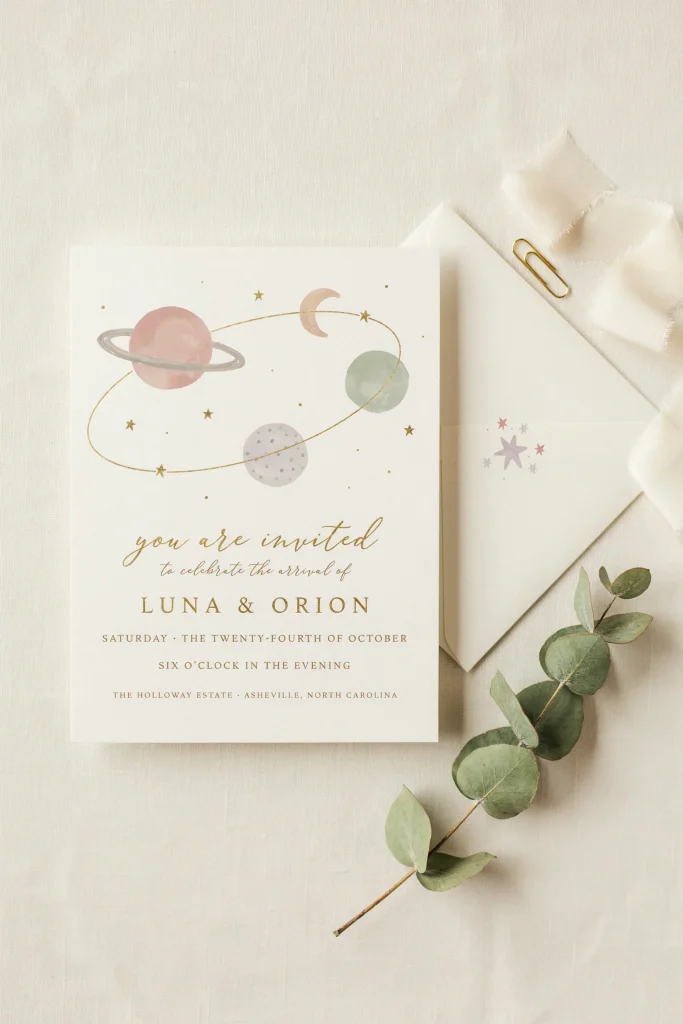 A printed invitation featuring soft watercolor-style planets in muted pastels with simple gold foil text, laid on a flat surface next to a coordinating envelope.