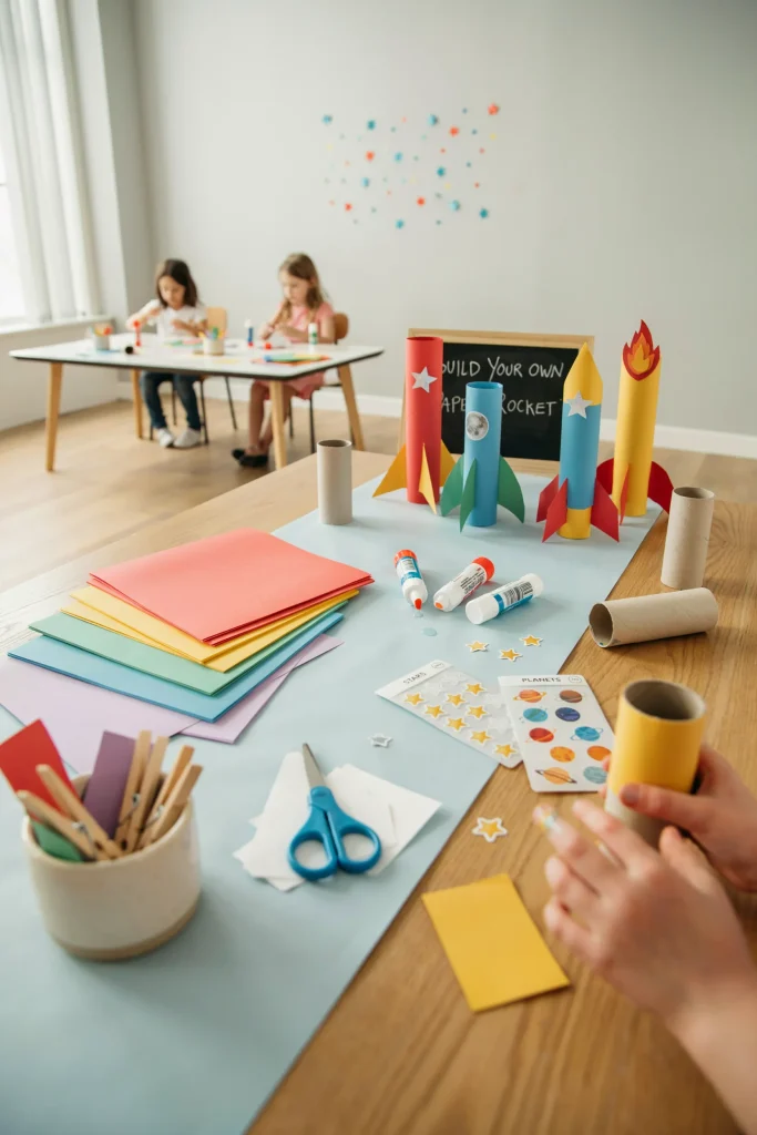 A small craft table with toilet paper rolls, colored paper, stickers, and glue sticks set out for kids to build their own paper rockets, finished examples displayed nearby.