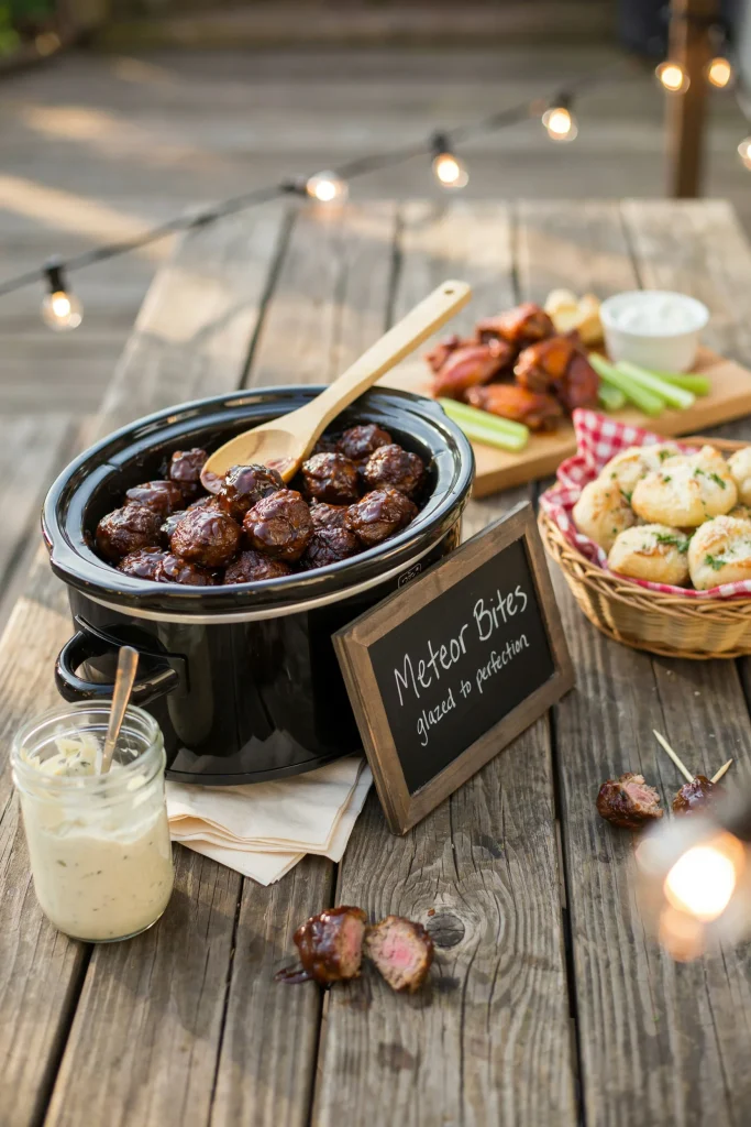 A slow cooker of glazed meatballs labeled "Meteor Bites" with a handwritten chalkboard sign, set among other savory finger foods.