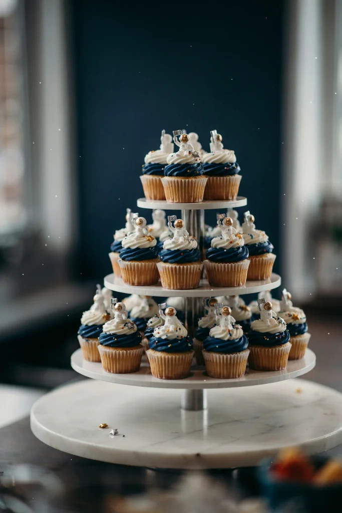 A three-tier cupcake tower with navy and white frosted cupcakes, each topped with a tiny edible astronaut figure, arranged with small star sprinkles between rows.