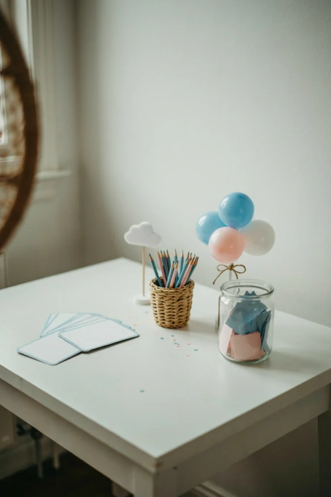 Game table with hot air balloon baby shower activity cards and a prize jar