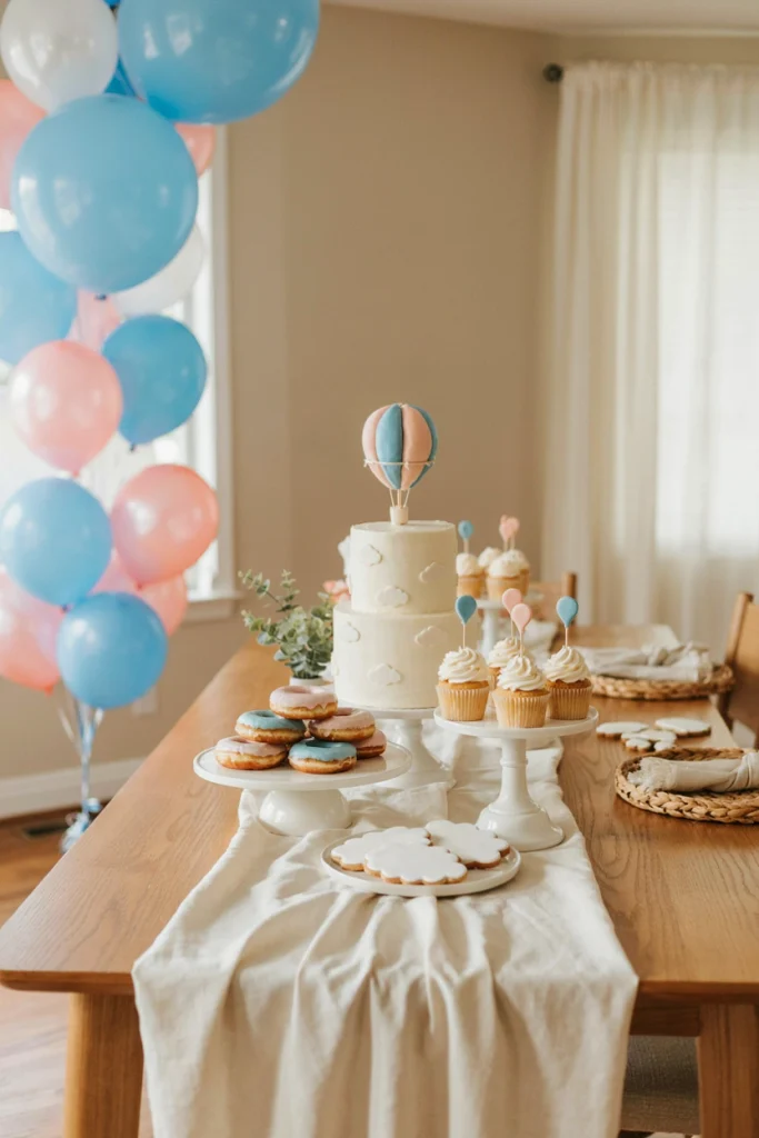 Dessert table with a cloud buttercream cake and donuts at a hot air balloon baby shower