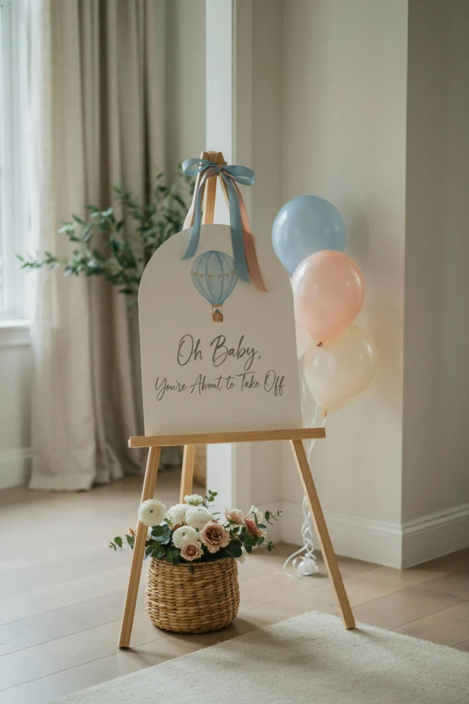Wooden easel welcome sign with hot air balloon baby shower lettering and blush ribbon