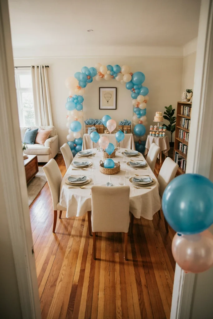 Indoor living room styled for a hot air balloon baby shower with a sky blue and ivory balloon arch
